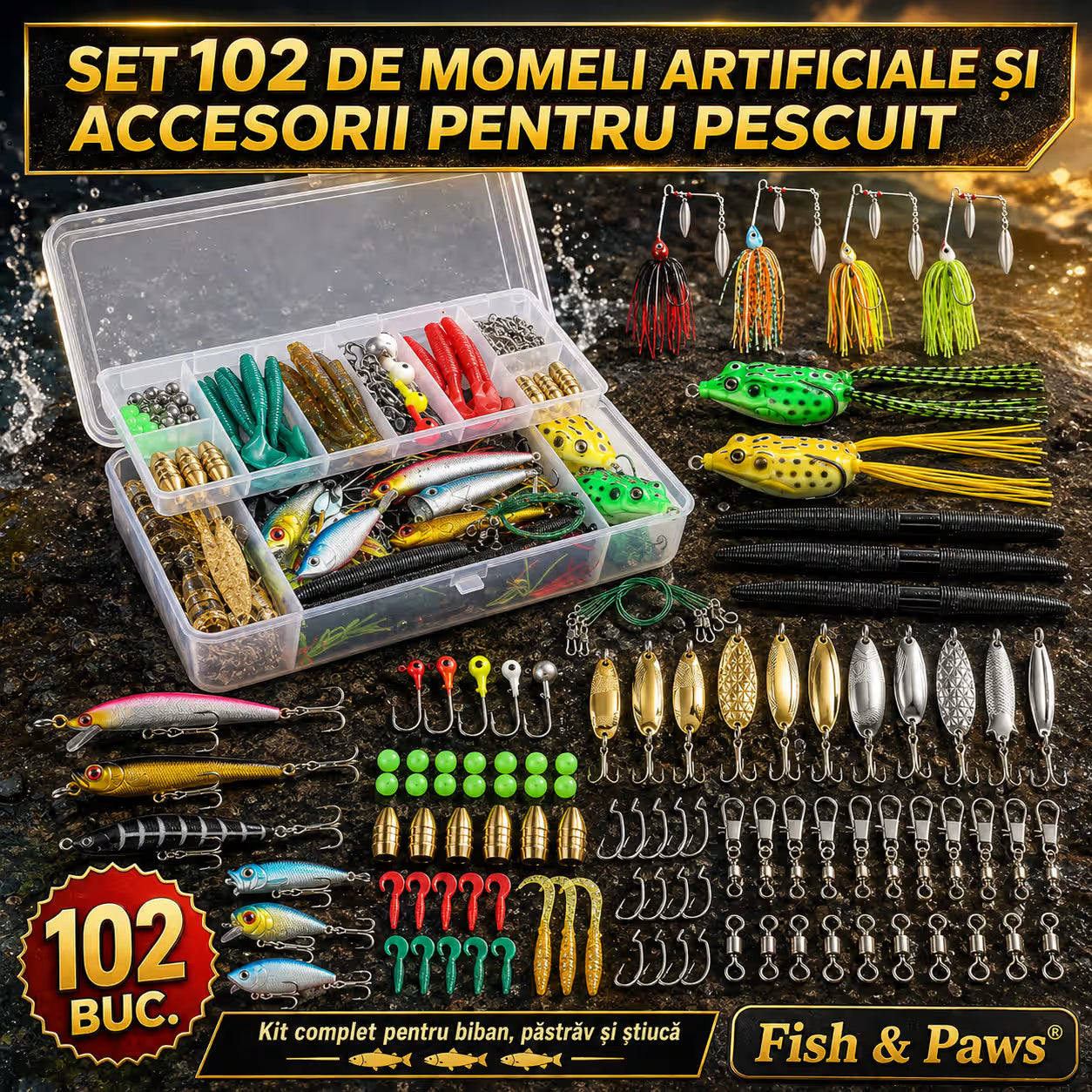 Set 102 momeli artificiale si accesorii pentru pescuit