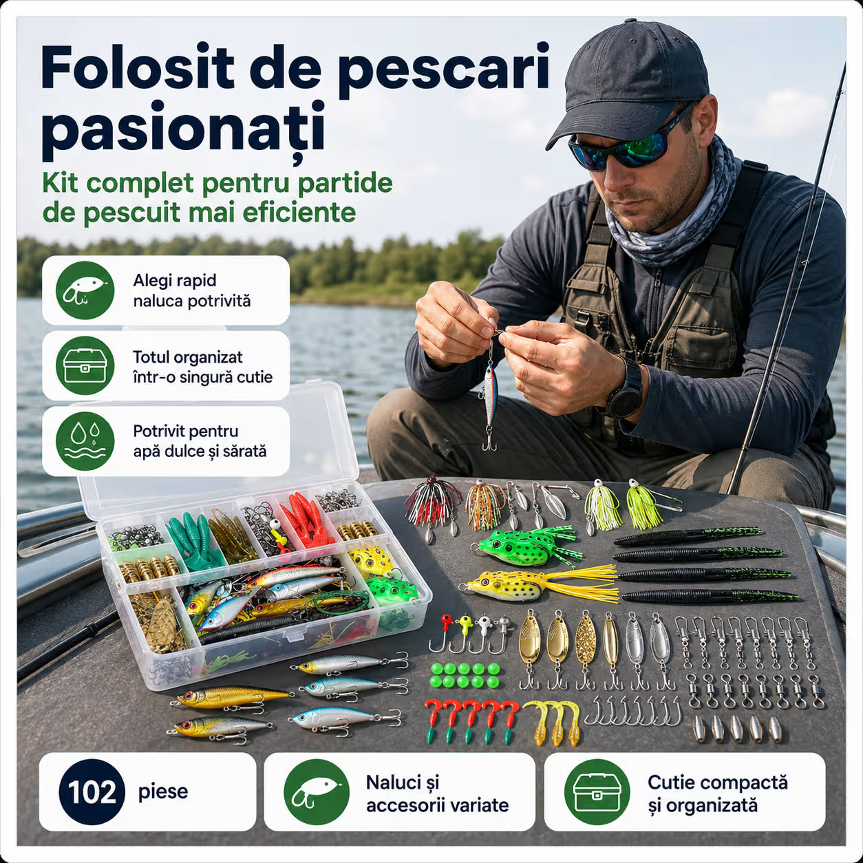 Set 102 momeli artificiale si accesorii pentru pescuit