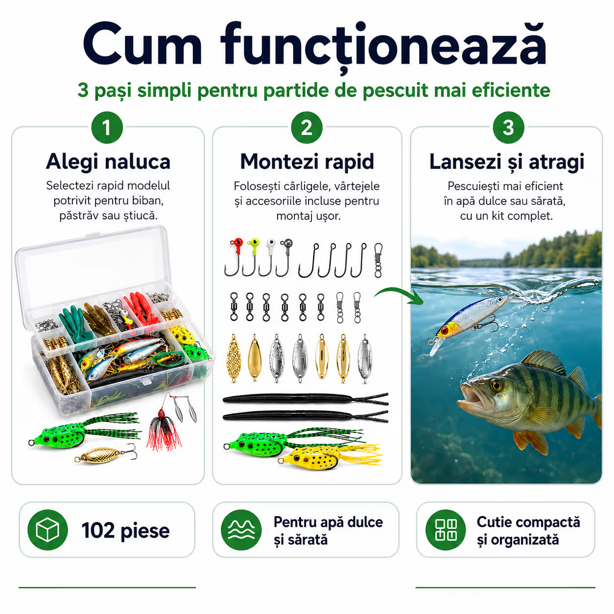 Set 102 momeli artificiale si accesorii pentru pescuit