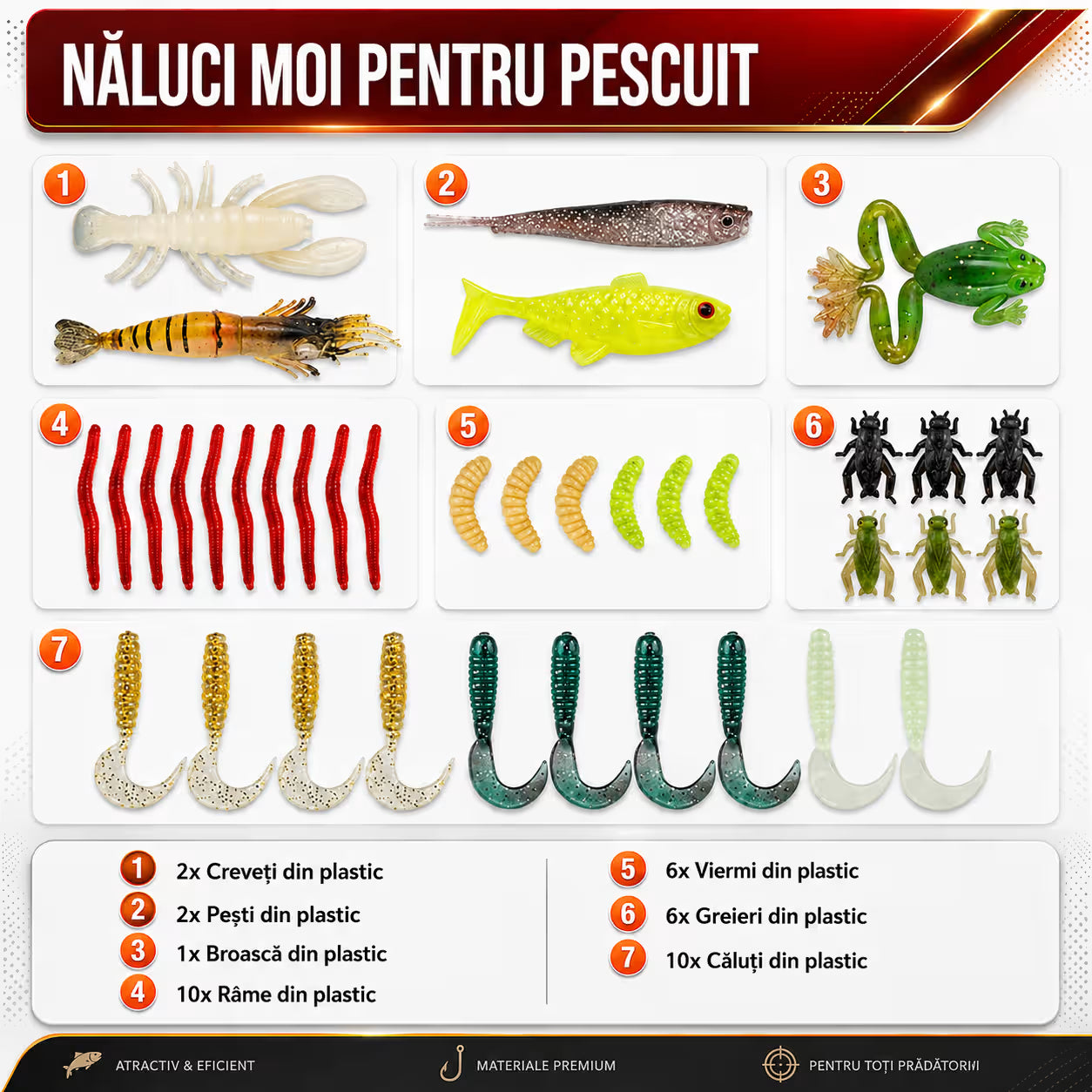 Set 78 momeli artificiale si accesorii pentru pescuit