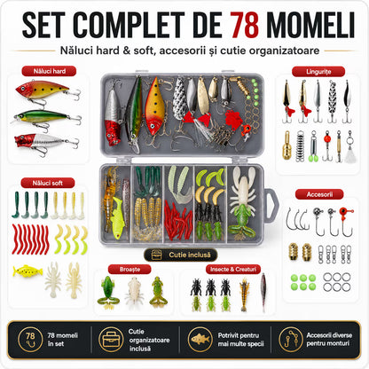 Set 78 momeli artificiale si accesorii pentru pescuit