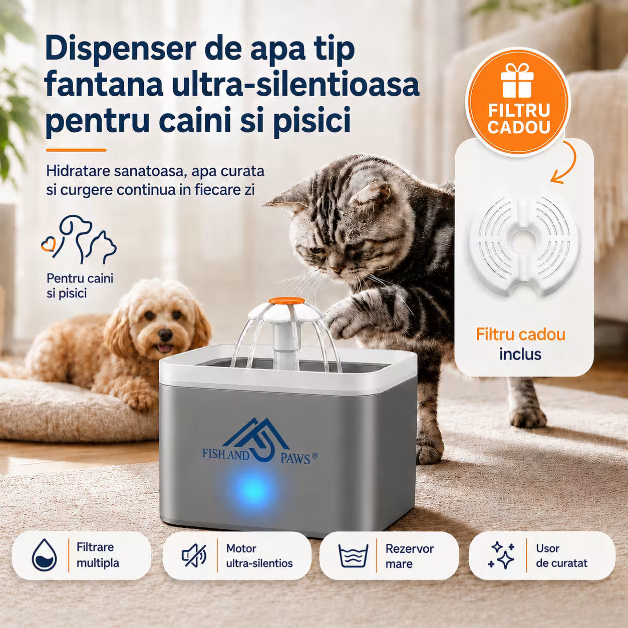 Dispenser de apa tip fantana pentru caini si pisici