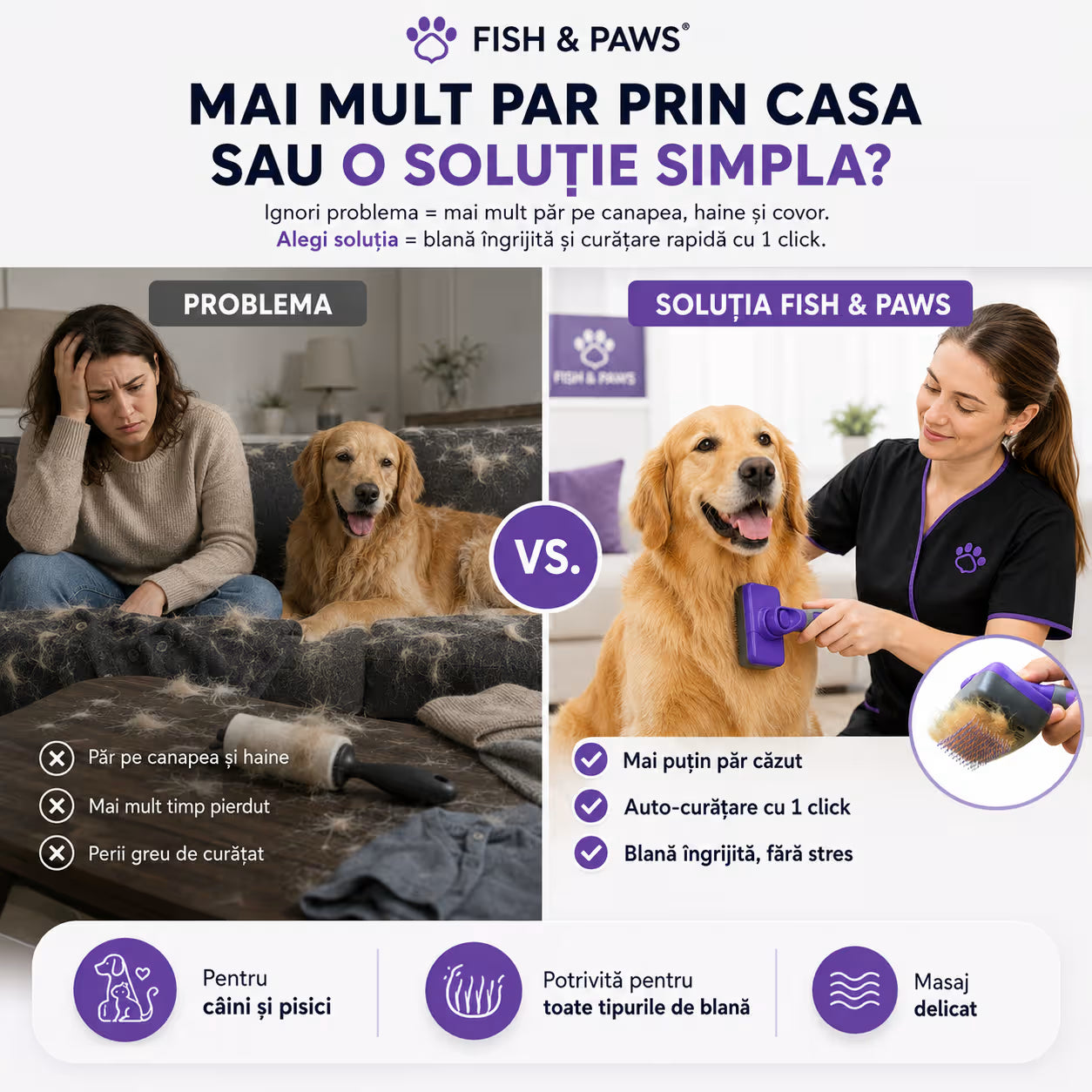 Perie pentru caini si pisici cu buton auto-curatare