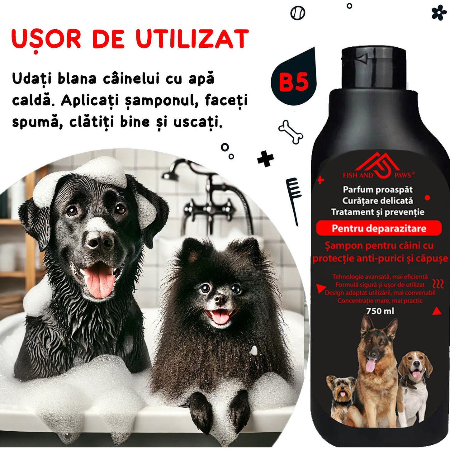 Sampon pentru caini cu protectie anti purici si capuse