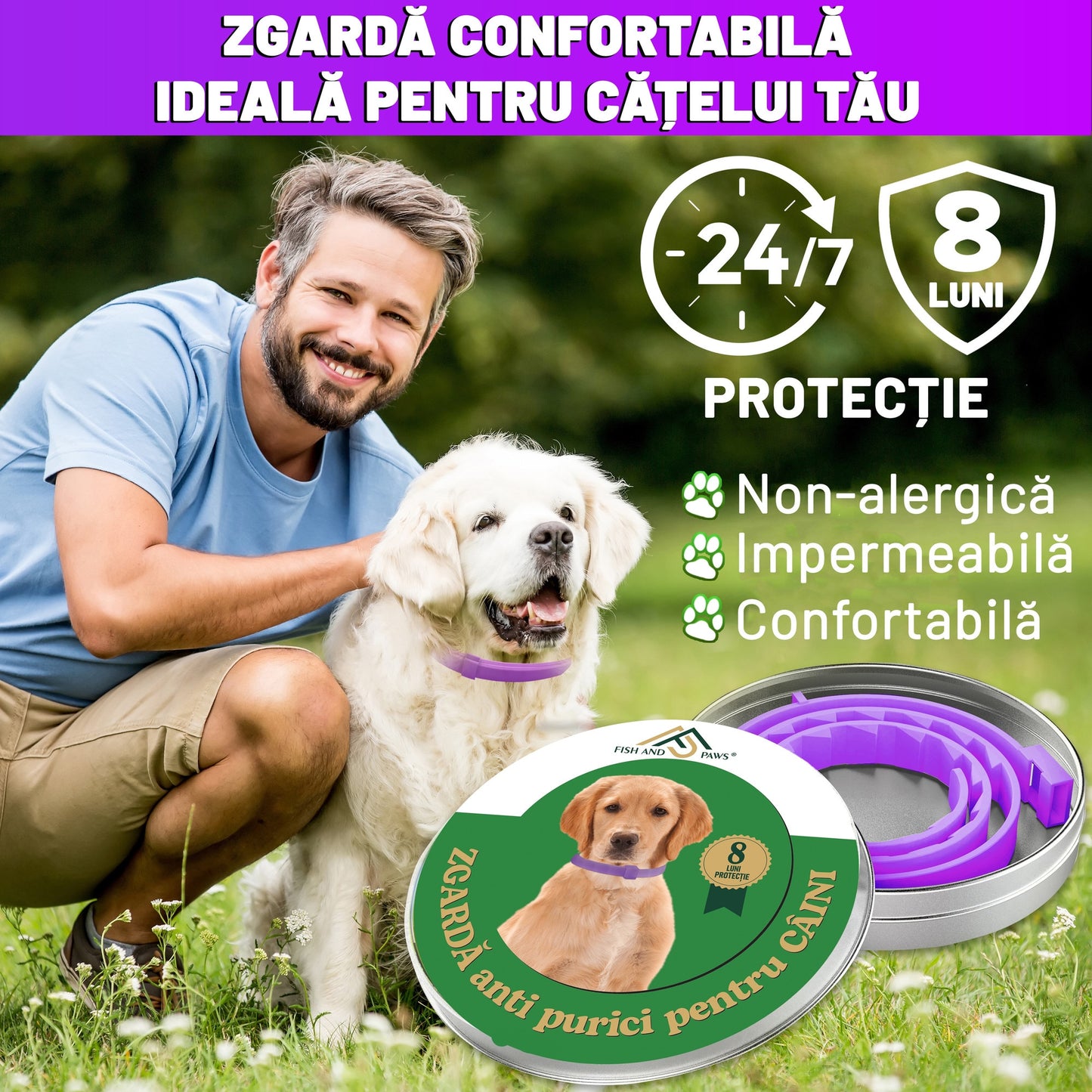 Zgarda reglabila anti purici pentru caini